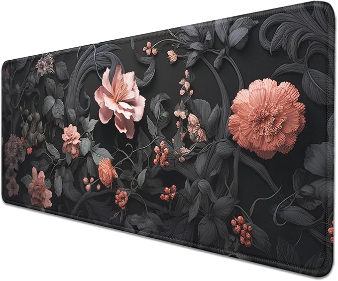 Black Art Flowers Mouse Pad, Large Vintage Floral Mousepad Desk Pad - Image 2