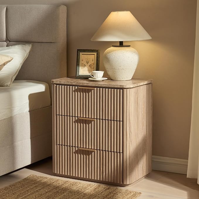 Fluted Nightstand with 3 Drawers, Engineered Wood Bedside Table with Faux - Image 6
