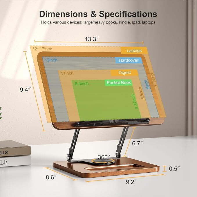 Book Stand for Reading, 360° Rotating Hands Free Book Holder, Adjustable Height - Image 6