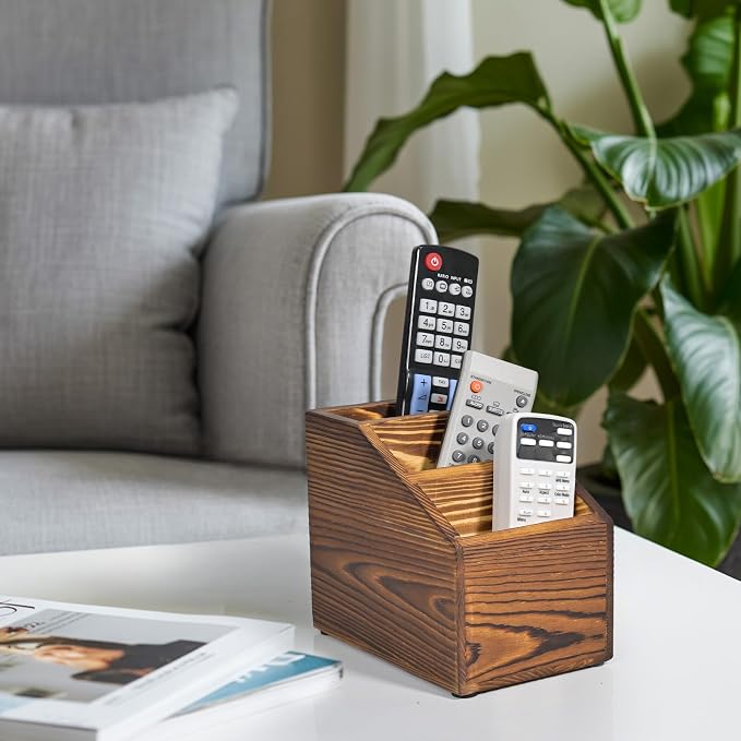 Wooden Remote Control Holder Organizer, 3 Compartment Storage Slots, TV Remote - Image 3