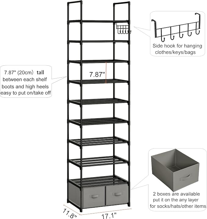 OYREL Tall Shoe Rack Narrow 10 Tier Shoes Rack 20 25 Pairs, Shoe Storage - Image 3