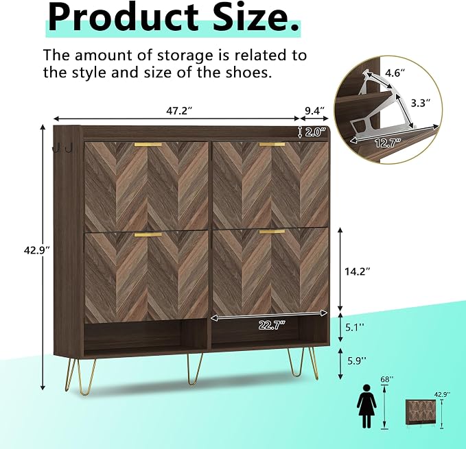 Vibe & Dine 4 Flip Drawer Shoe Cabinet, Mid Century Modern Shoe Organizer - Image 2