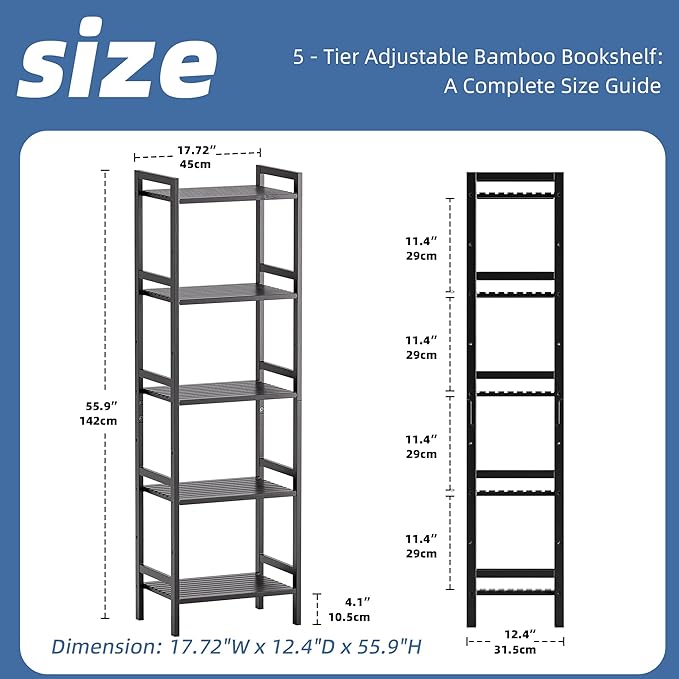 HITNET 5 Tier Narrow Bookshelf, Bamboo Bookcase, Slim Tall Storage Rack Free - Image 3