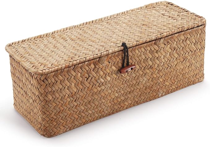 Seagrass Storage Basket with Lid Rectangular Small Woven Shelf Baskets with - Image 3