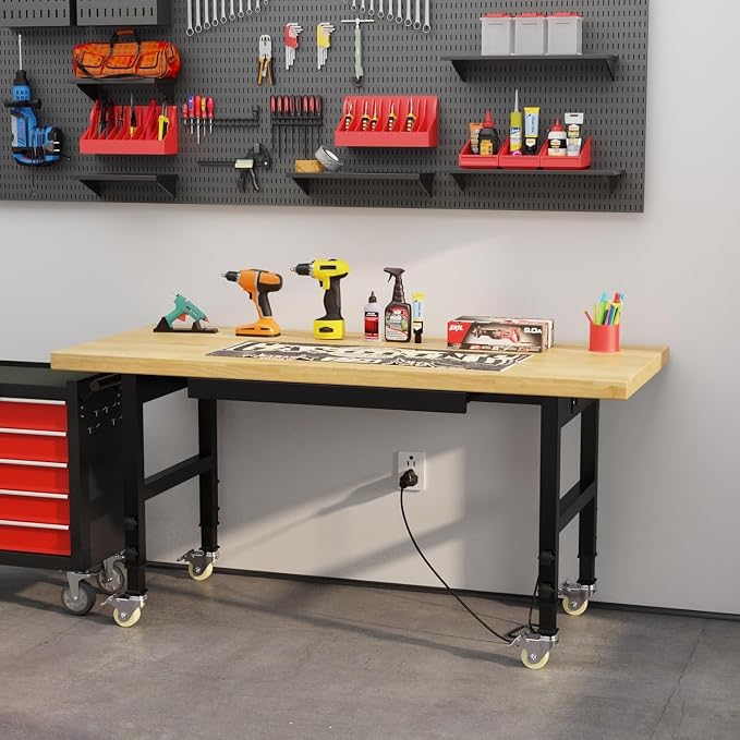 60" Work Bench with Wheels, Adjustable Height Workbench with Drawers, - Image 8