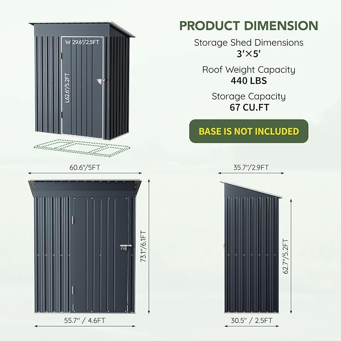 3x5 FT Outdoor Metal Storage Shed, Single Door, 1 Clear Window, Tool Shed - Image 2