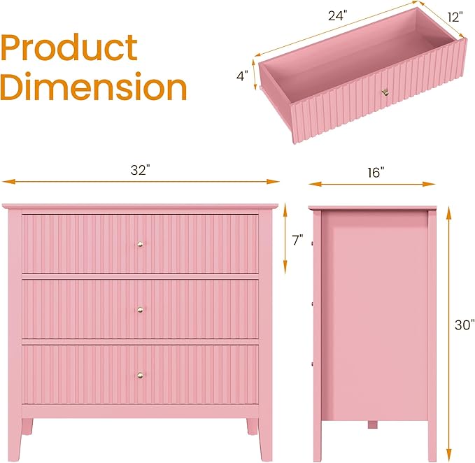 RoyalCraft Fluted 32 inch Wide Nightstand Set of 2, Large Pink Nightstand - Image 2