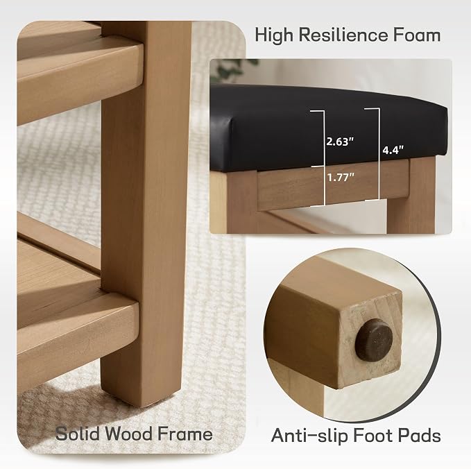 Shoe Rack Bench with Leather Cushion, 2 Tier Solid Wood Storage Bench, - Image 8
