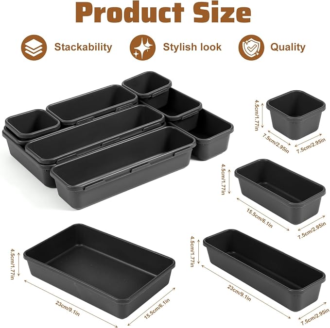 9 Pcs Stackable Drawer Organizer Trays Set, Custom Layout Design - Image 2