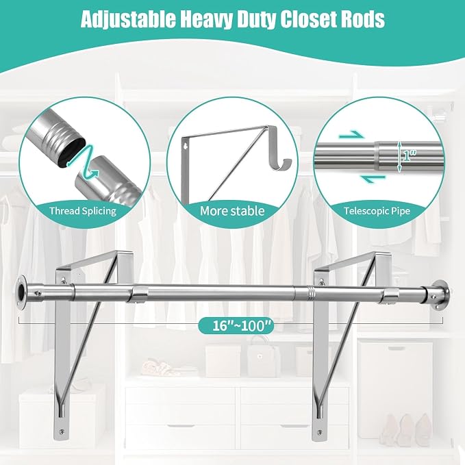 Closet Rod, 16 to 100 Inch Closet Rods Heavy Duty Adjustable Wardrobe Poles - Image 5