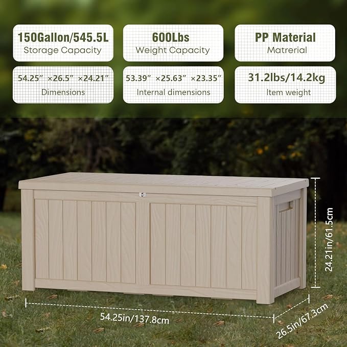 150 Gallon Resin Deck Box, Waterproof Outdoor Storage Box - Image 6