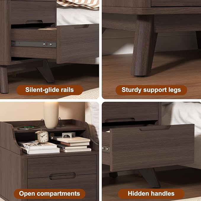 Nightstand with Charging Station, Wood Night Stand with Hidden Handle - Image 5