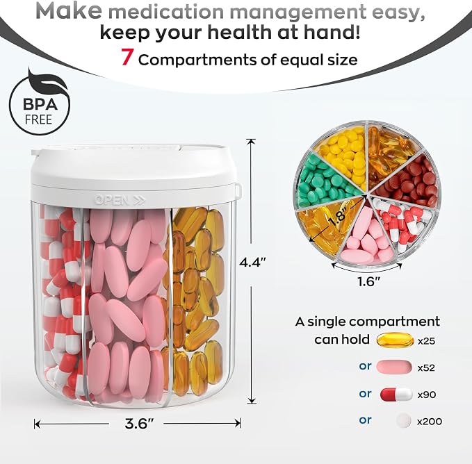 Pill Dispenser with 7 Large Compartments, 4.4" H x 3.6" Dia Pill Bottle - Image 2