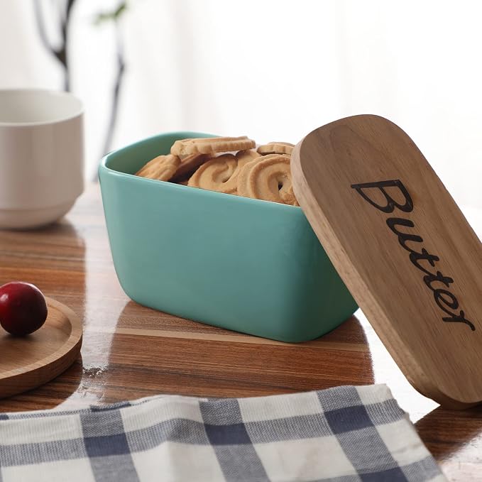 GDCZ Ceramics Butter Dish with Wooden Lid- Large Covered Butter Holder - Image 6