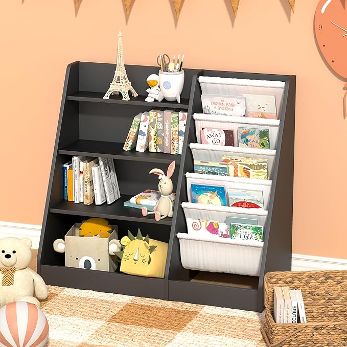 4 Tier Kids Bookshelf Wooden, Five Layer Sling Children Bookcase, Baby Toddler - Image 2