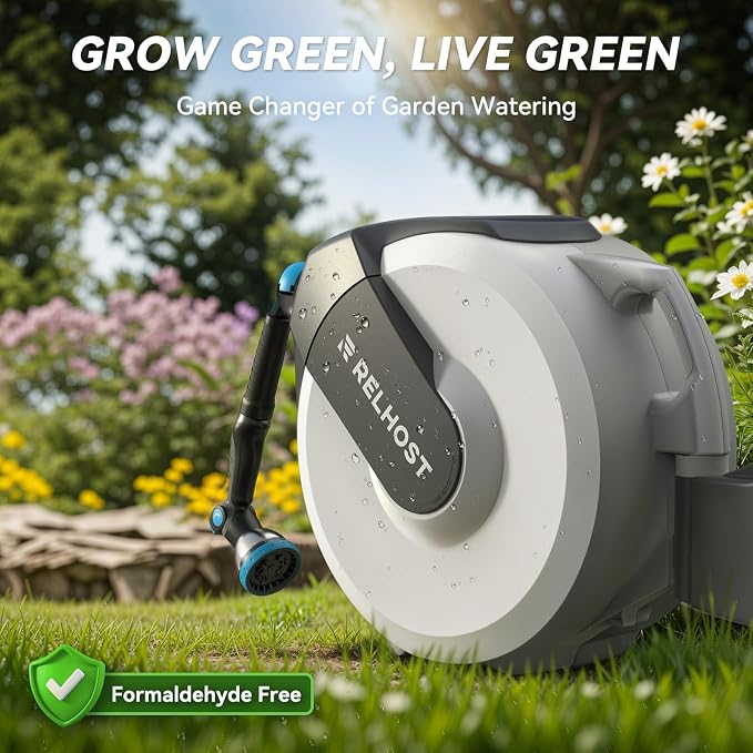 Retractable Garden Hose Reel 100 ft x 1/2 in, Heavy Duty Hose Reel Wall Mount - Image 2