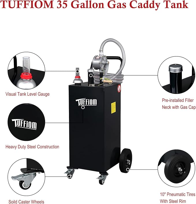 TUFFIOM 35 Gallon Fuel Gas Caddy w/Wheels & Manual Siphon Pump, Portable Diesel - Image 3