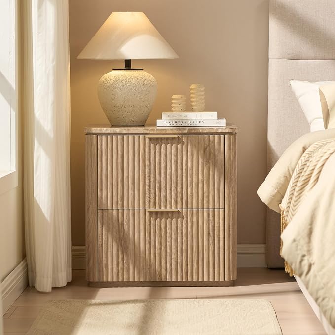 Fluted Nightstand with 2 Drawers, Bedside Table with Faux Marble-Top, - Image 7