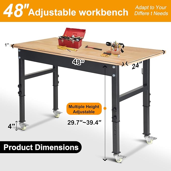 48" Adjustable Work Bench, Rubber Wood Top Workbench Heavy-Duty Work Table - Image 6