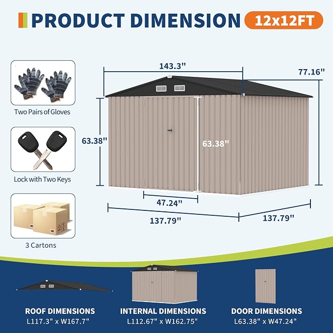 12x12 FT Metal Storage Sheds Outdoor, Metal ToolShed - Image 2