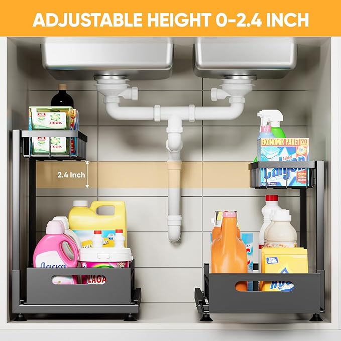 Under Sink Organizer Storage 2-Tier Premium Metal Pull-Out Racks, Height - Image 2