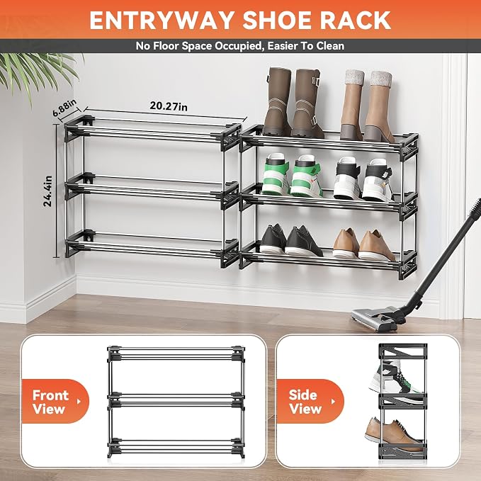 3 Tier Narrow Shoe Rack with Hook and Loop Sticky Adhesive Strips Shoe Shelf - Image 2