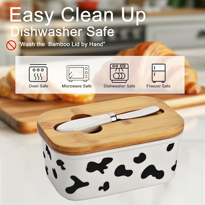 Large Butter Dish with Lid for Countertop, Cow Ceramic Butter Container with - Image 2