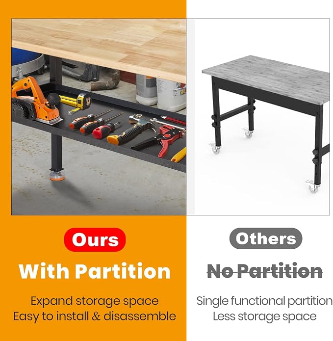 48"/60'' Adjustable Workbench, Rubber Wood Work Bench Heavy-Duty - Image 2