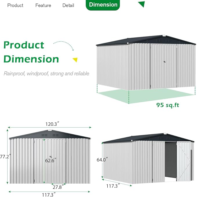 ACOJOY 10'x10' Shed, Large Metal Storage Sheds & Outdoor Clearance, Steel - Image 4