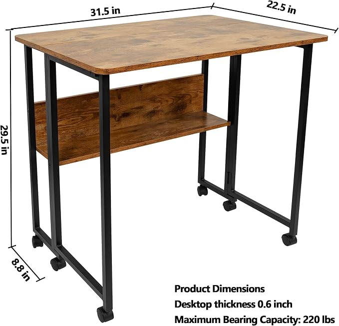 Mobile Foldable Desk w/Wheels and Feet Pads, Foldable Computer Desk, Folding - Image 3