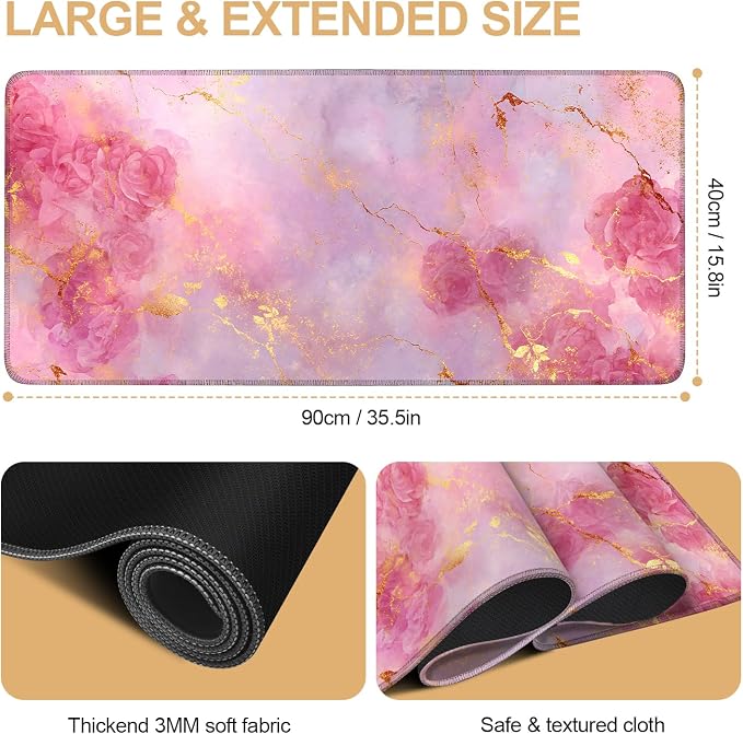 Elegant Pink Rose and Gold Marble Mouse Pad –35.43" x 15.75" Extended Desk Mat - Image 2