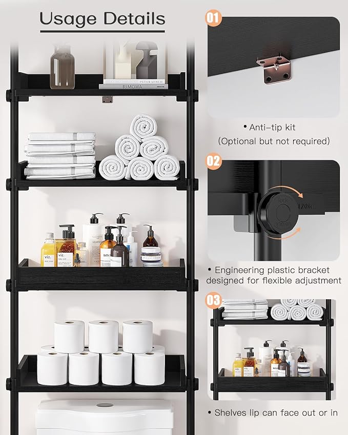ALLZONE 4 Tier Over The Toilet Storage, Adjustable Wood Over Toilet Bathroom - Image 3