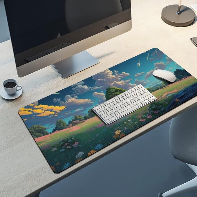 Anime Grass Flowers Blue Sky Large Mouse Pad, Vintage Aesthetic Gaming Desk Mat - Image 8