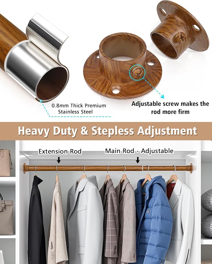 Closet Rods for Hanging Clothes, 17-76 Inch Heavy Duty and Stepless Adjustable - Image 3