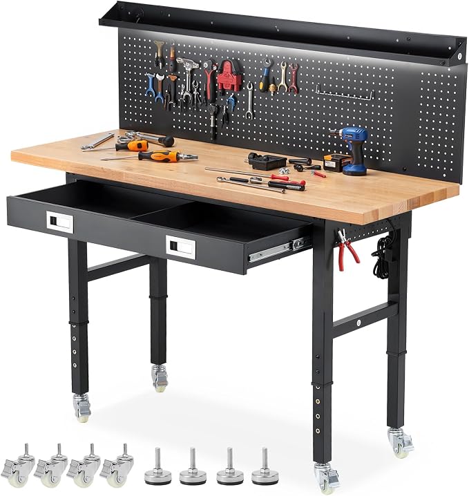 Workbench with Wheels 60 x 22 Inch Heavy Duty Rubber Wood Tabletop Work Bench by ENJOYWOOD