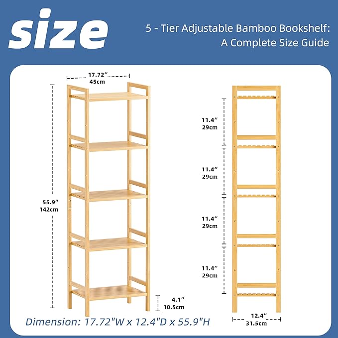 HITNET Tall Narrow Bookshelf, 5 Tier Bathroom Shelf Bamboo, Floor Standing - Image 3