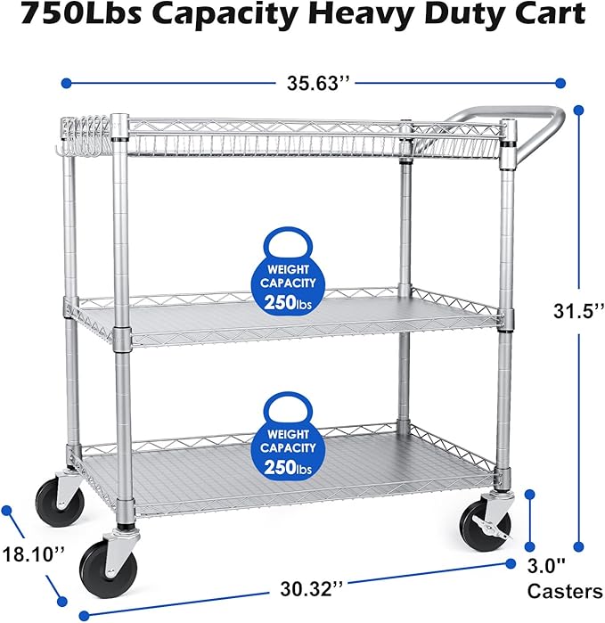 WDT Heavy Duty 3 Tier Utility Cart, Wire Rolling Carts - Image 4