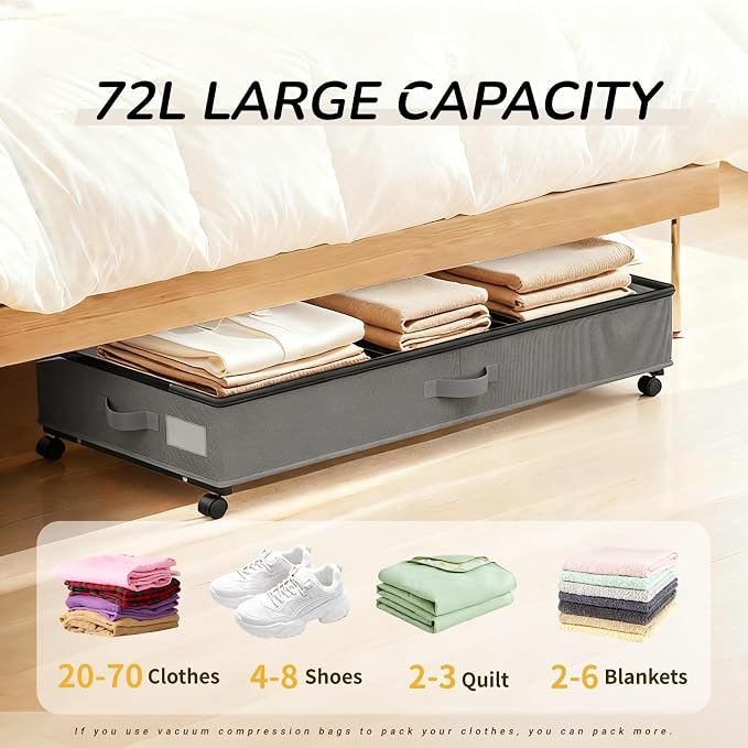 Under Bed Storage with Wheels, 72L Large Capacity Adjustable Height Underbed - Image 2