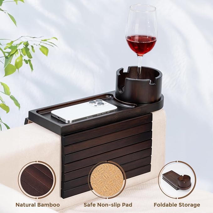 Couch Cup Holder for Thin Armrest Wider Than 4.9'', Bamboo Couch Arm Tray - Image 5