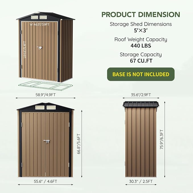 5x3 FT Outdoor Metal Storage Shed, Double Door, 1 Clear Window, Tool Shed - Image 2