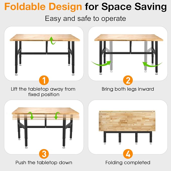 48”Folding Workbench, 2000 LBS Capacity Heavy Duty Workbench, Height Adjustable - Image 3