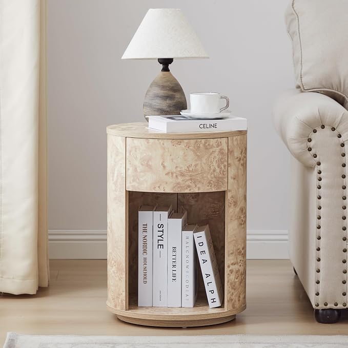 Side Table with Drawer, Round Bedside Table with Open Shelf, Farmhouse Burl - Image 3