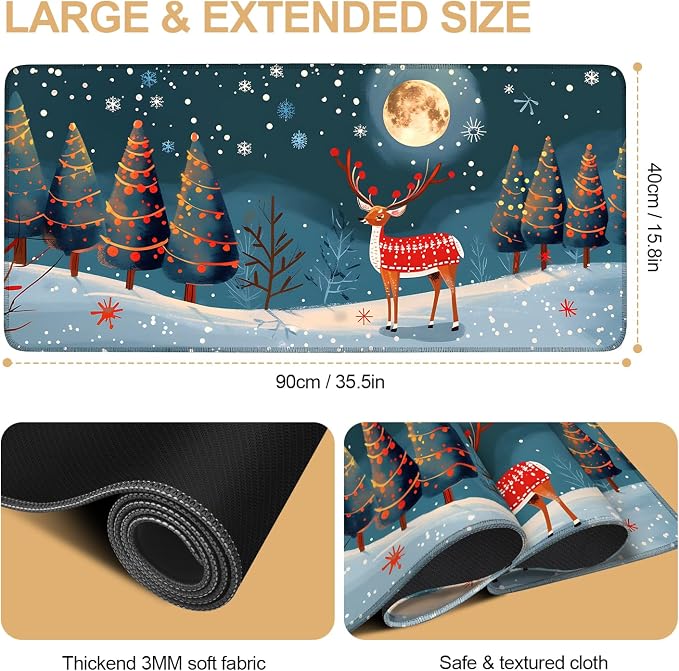 Large Mouse Pad 35.5 x 15.8 Inch, Christmas Reindeer Desk Mat, Gaming Mouse Pad - Image 7