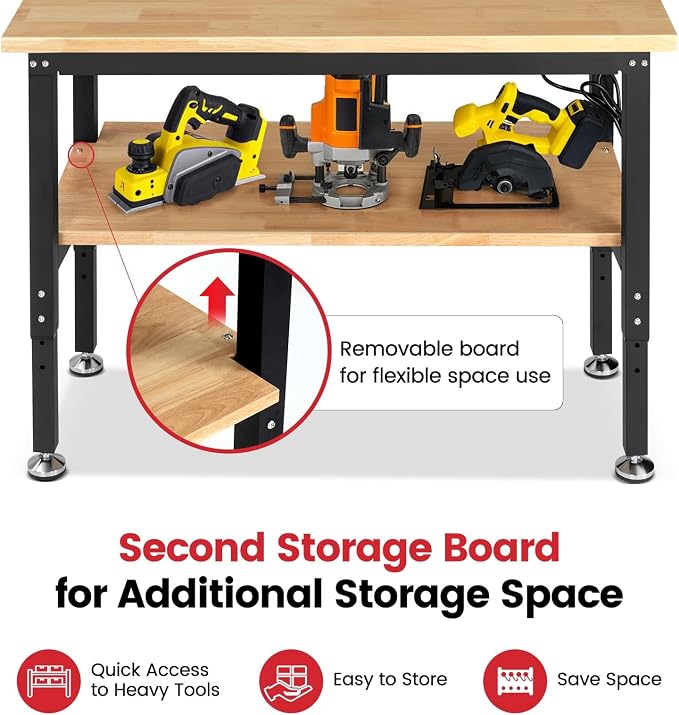 Workbench with Double Layers 48 x 20 Inch Heavy Duty Rubberwood Tabletop Work - Image 3