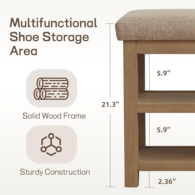 Shoe Rack Bench with Cushion, 2 Tier Solid Wood Storage Bench, Mid-Century - Image 5