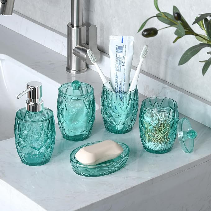 Shatterproof Acrylic Teal Blue Bathroom Accessories Set – Glass-Free, 5-Piece - Image 4