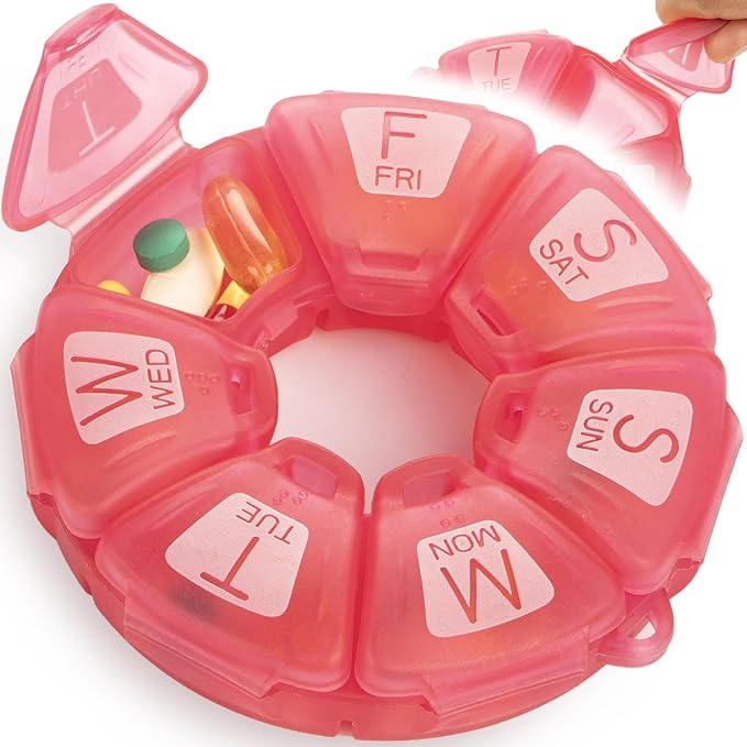 Round Weekly Pill Organizer, TPU Rubberized, Travel Pill Container 7 Day by YAKLIMPILLORGANIZER