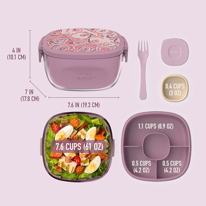 Bentgo Glass Prints All-in-One Salad Container - 61oz Tinted Glass Salad Bowl - Image 6