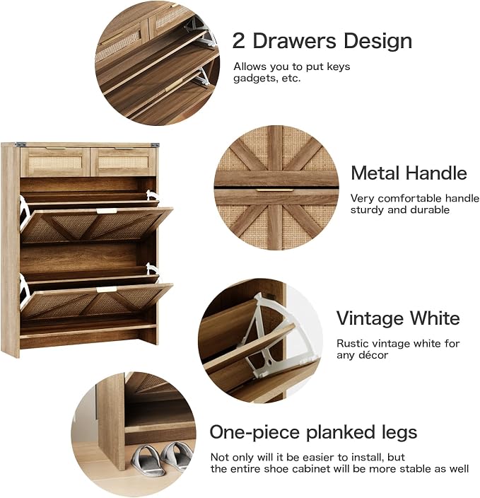 Shoe Cabinet with 2 Flip Drawers & 2 Drawers, Farmhouse Shoe Storage Cabinet - Image 3
