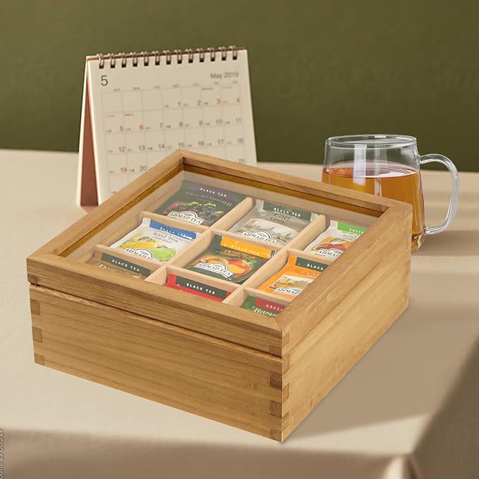 Wood Tea Bag Organizer, 9 Compartment Multi-Functional Tea Box and Storage - Image 7